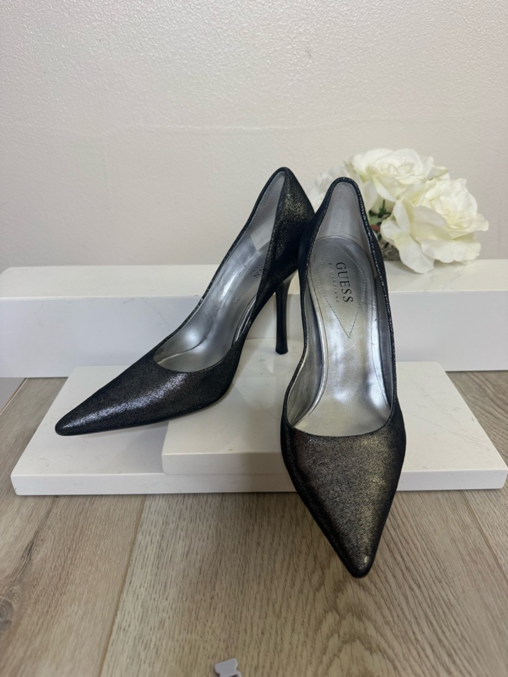 GUESS Shimmery Gunmetal Pointed-Toe Stiletto Heels
